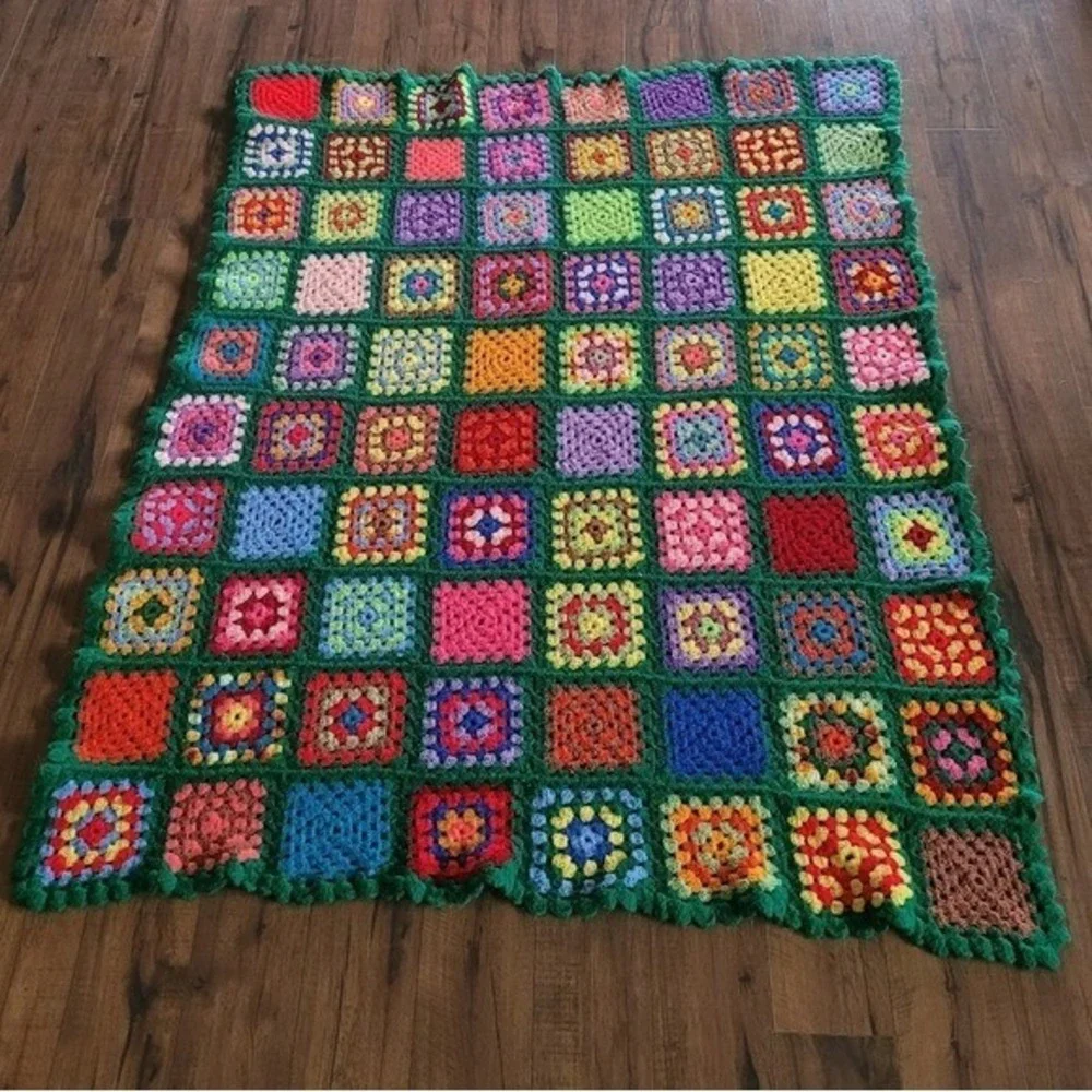 Vintage Handmade Crochet Granny Square Blanket Multicolor Green Afghan Throw‎